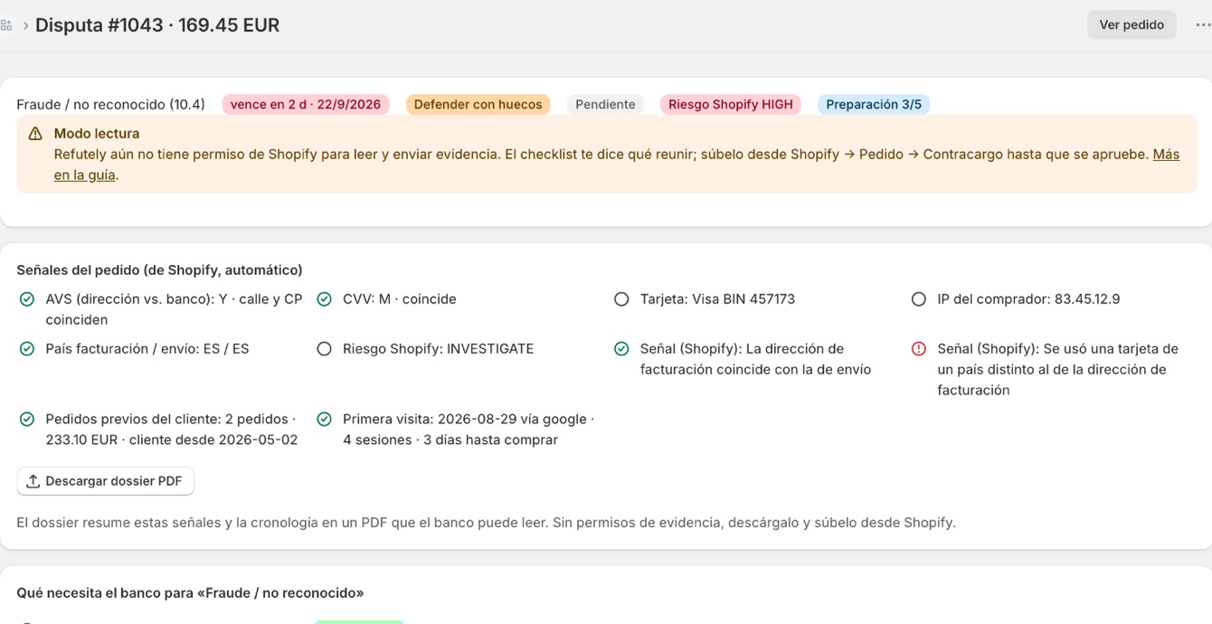 Expediente de una disputa en Refutely: señales del pedido y checklist de pruebas